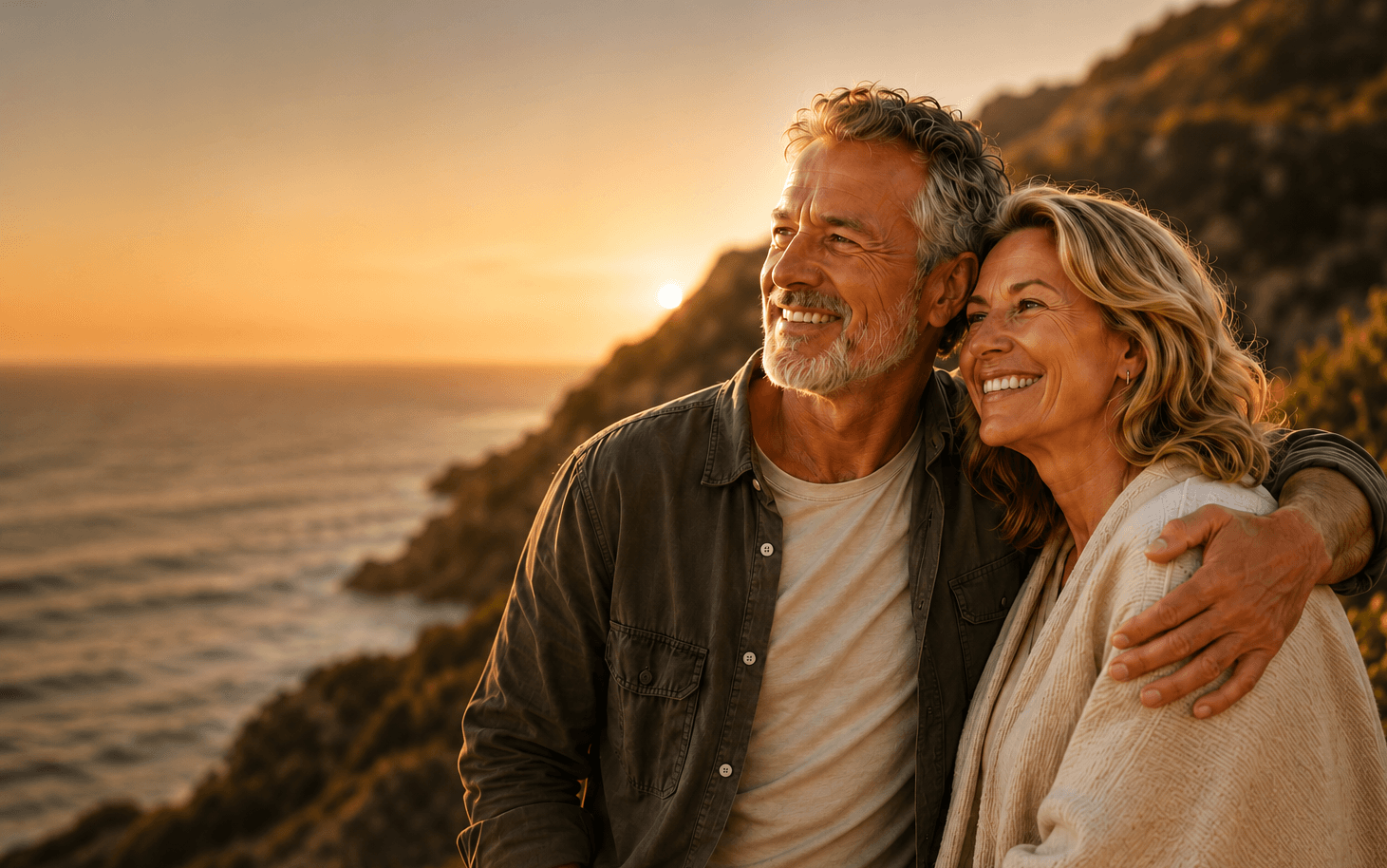 Healthy couple smiling at sunset