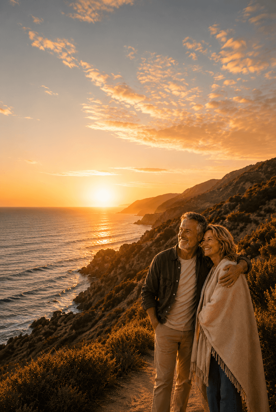 Healthy couple smiling at sunset
