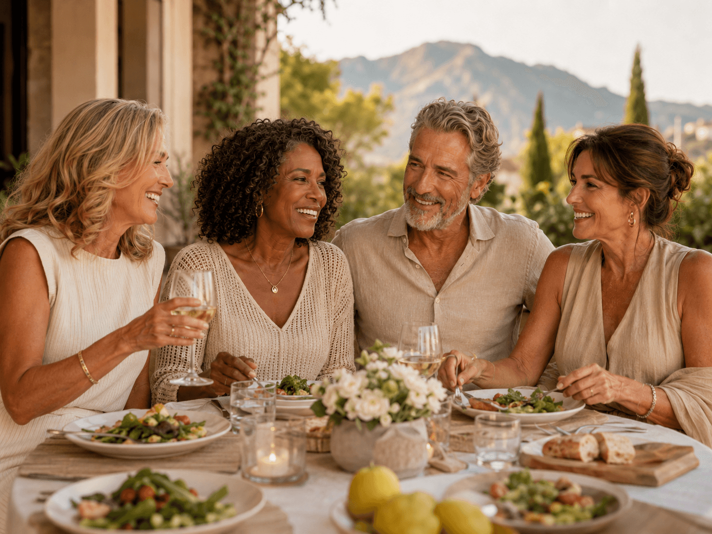 Adults enjoying a relaxed meal together outdoors